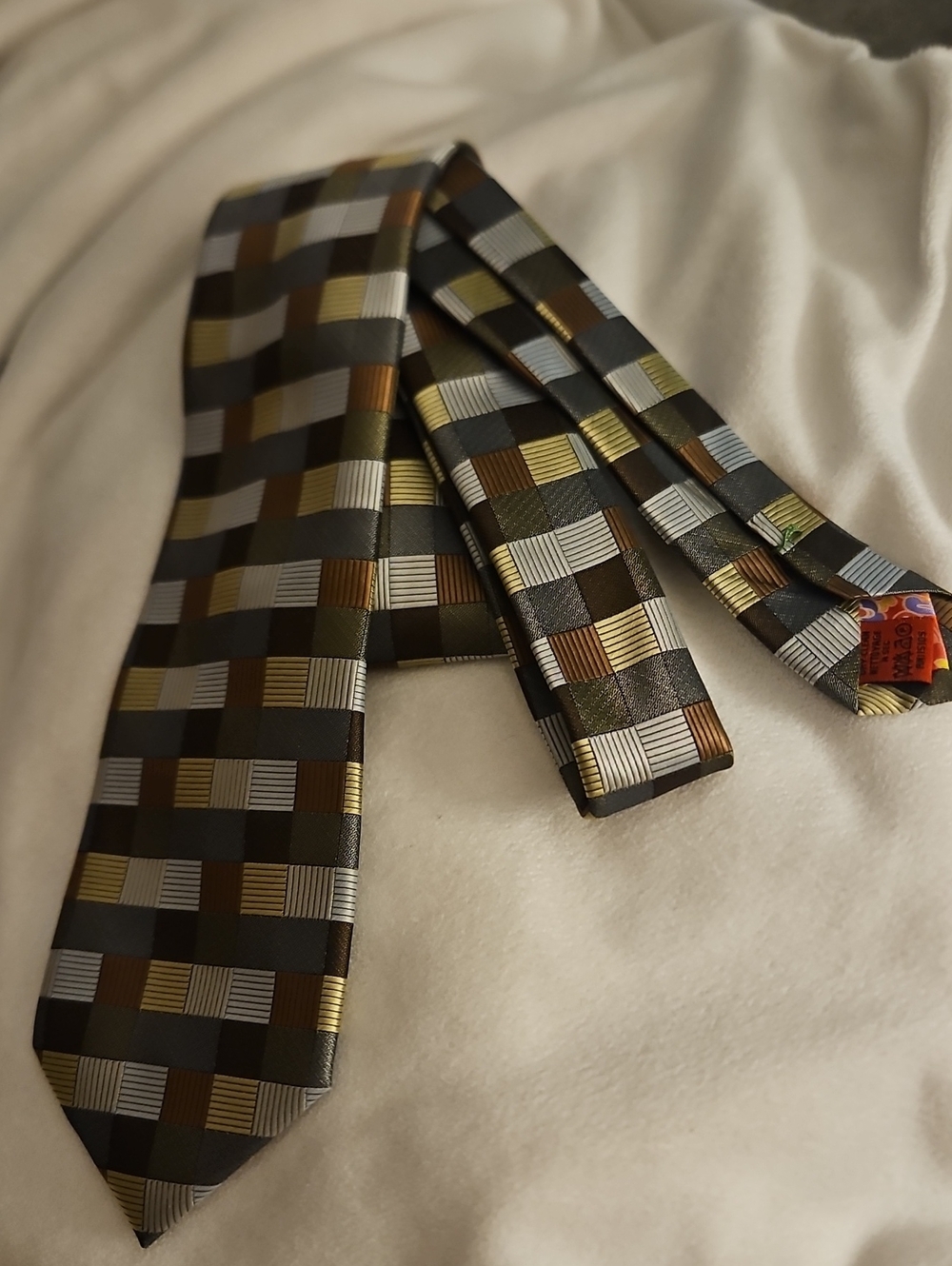 JOHN SPARKS Silver Brown and Yellow Psychedelic Geometric Basketweave Tie - Picture 5 of 9